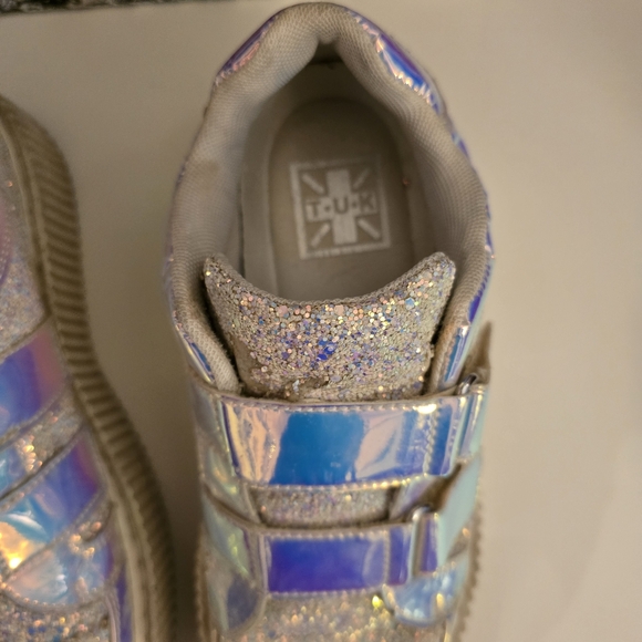 TUK White Glitter Creepers Sneakers 2 Velcro Straps Flat Platform Soles Size 10 - Picture 5 of 17